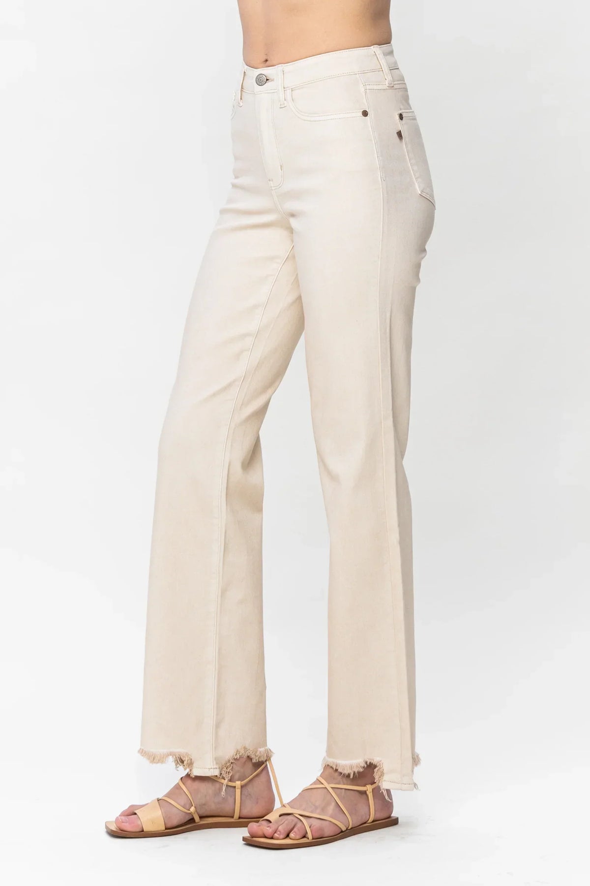 Judy Blue Destroyed Hem Straight Leg Jeans - Light Khaki