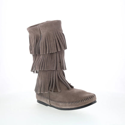 Minnetonka 3 Layer Fringe Boot 1631T Womens Gray Suede Mid Calf Boots