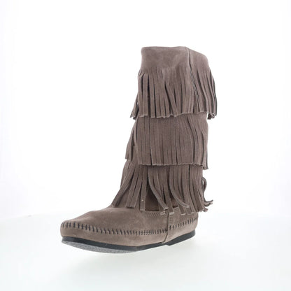 Minnetonka 3 Layer Fringe Boot 1631T Womens Gray Suede Mid Calf Boots