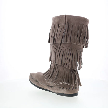 Minnetonka 3 Layer Fringe Boot 1631T Womens Gray Suede Mid Calf Boots