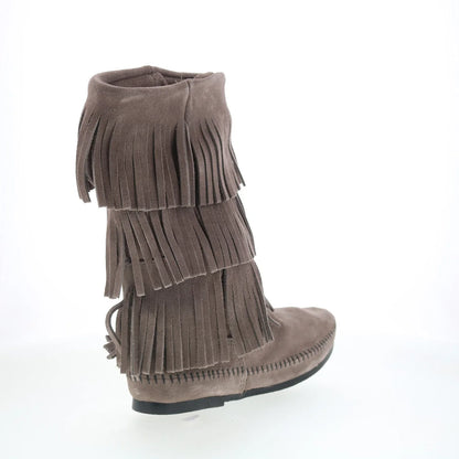 Minnetonka 3 Layer Fringe Boot 1631T Womens Gray Suede Mid Calf Boots