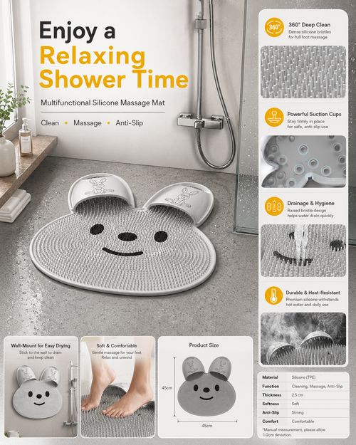 Bunny Non‑Slip Shower Mat, TPE Foot Massage Bath Mat with Strong Suction Cups for Bathroom