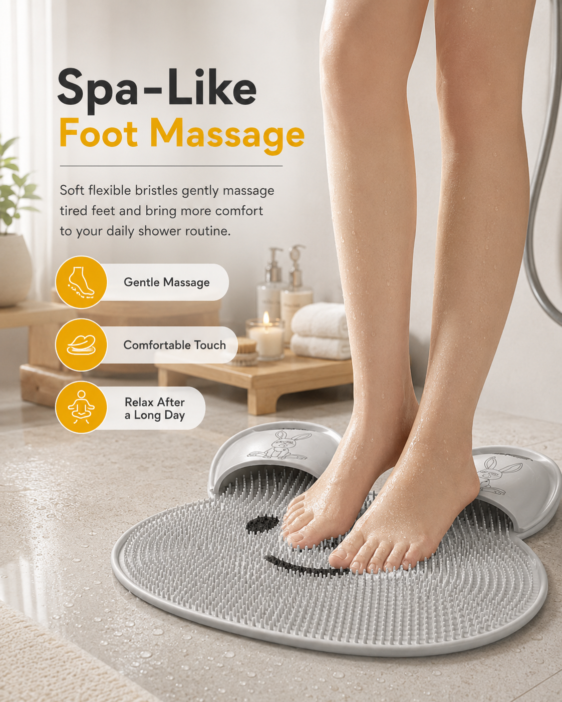 Bunny Non‑Slip Shower Mat, TPE Foot Massage Bath Mat with Strong Suction Cups for Bathroom