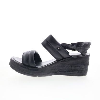 A.S. 98 Norward Womens Black Leather Hook & Loop Wedges Sandals Shoes