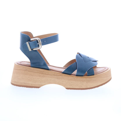 Miz Mooz Sarita Womens Blue Leather Hook & Loop Wedges Sandals Shoes
